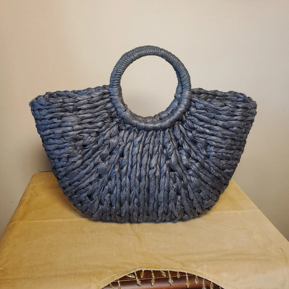 Bujibaja Charcoal Gray Woven Straw Fan Tote Bag Circular Handle Summer Beach